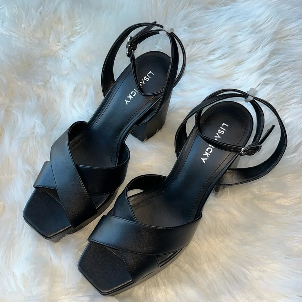 🆕 Lisa Vicky Leather Strappy Platform Heel Sandals Black Size 8